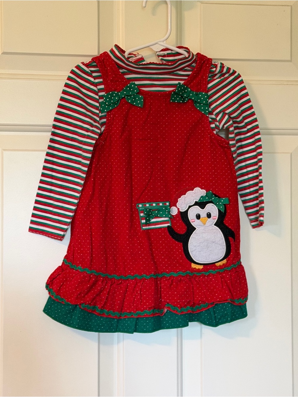 Nannette Red & Green Penguin Jumper Dress with Striped onesie